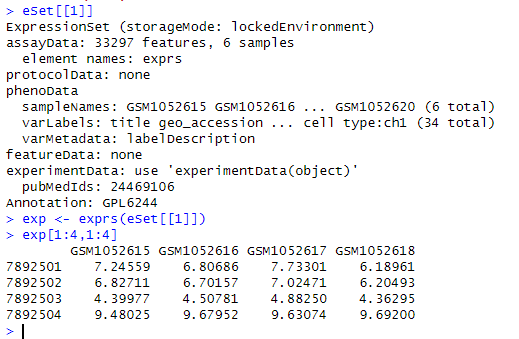 RNA-seq data from GEO database downloaded using the GEOquery R package, displaying gene expression values for bioinformatics analysis