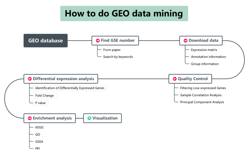 GEO Data Mining Workflow: Data collection, preprocessing, analysis, and visualization steps.